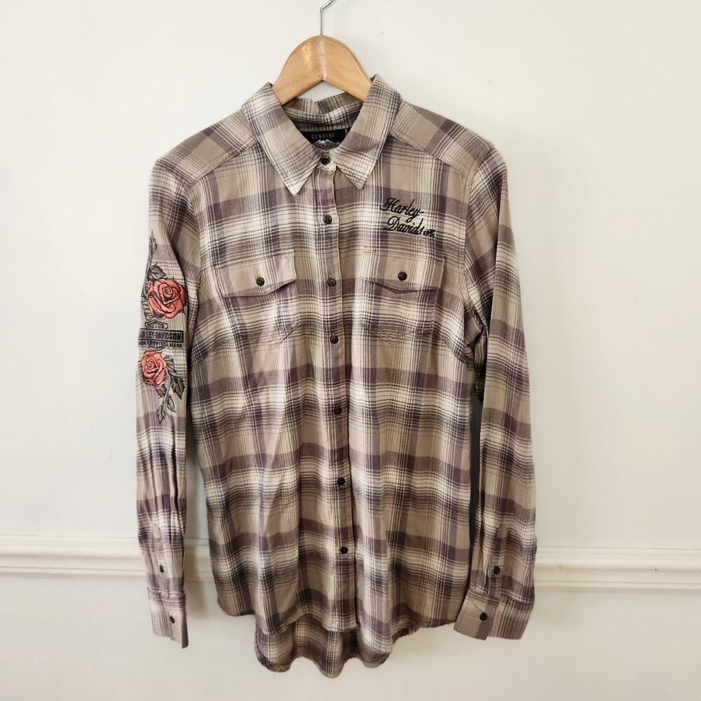 New Harley Davidson Flannel Shirt Sz Medium Womens Plaid Embroider Floral Biker